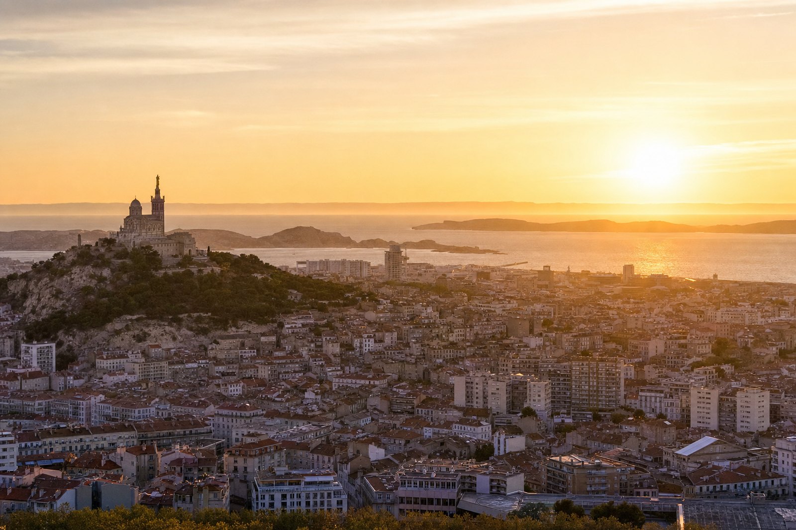 Marseille au coucher du soleil, première ville de l’étude terrain de l’Index PREUMS Real Estate
